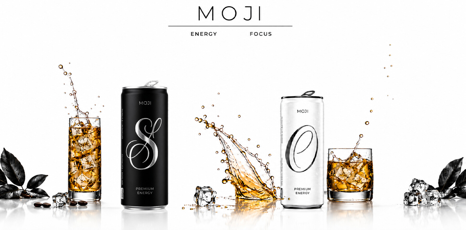 MOJI — Energy, Focus. Midnight and Pearl premium energy cans with drink pours